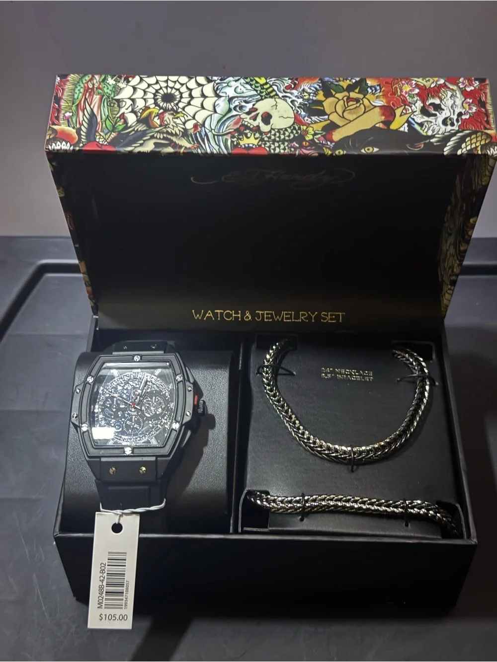 Ed Hardy Black and Silver Men's Watch & Jewelry Set